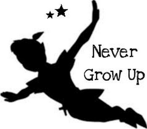 A shadow image of the famous character Peter Pan with a tagline never grow up.picture